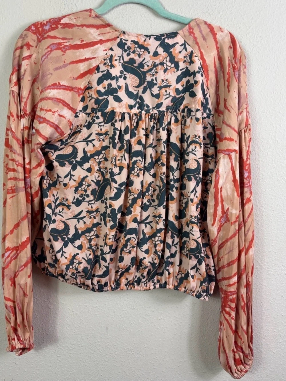Free People Peach Printed Cropped Wrap Top with Lace Trim